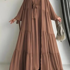 Full-length 2-piece modest set featuring a pleated coffee brown cami dress and matching open-front outerwear robe.