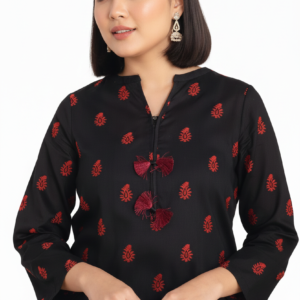 Zellbury Black Broshia Jacquard Kurta with red embroidery and tassel neckline.