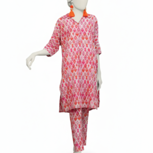 Pink and orange geometric diamond print stitched lawn suit for women on a white background - j.Lawn Collection