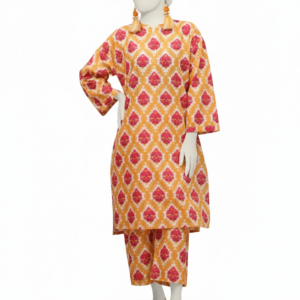 Yellow geometric print stitched lawn kurti and trouser set for women - J. Lawn Collection 2026.