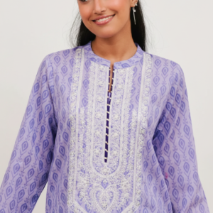 Lavender embroidered luxury lawn kurti with intricate white threadwork and geometric patterns - zellbury Lawn Stitched Collection.
