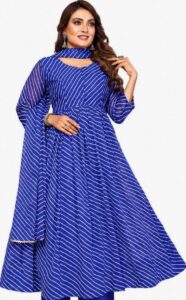 7 HORSE Women Blue Weightless Striped Anarkali Kurta Set with Pants & Dupatta 3 Piece Suit