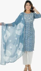 Vrnda Women's Cotton Indian Bandhej Print Straight Kurta Set Yoke Embroidery Kurti With Pant and Dupatta 3-Piece Suit Set