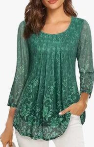 VALOLIA Women's 3/4 Sleeve Tunic Tops Casual Loose Fit Floral Blouses Mesh Pleated Layered Shirt